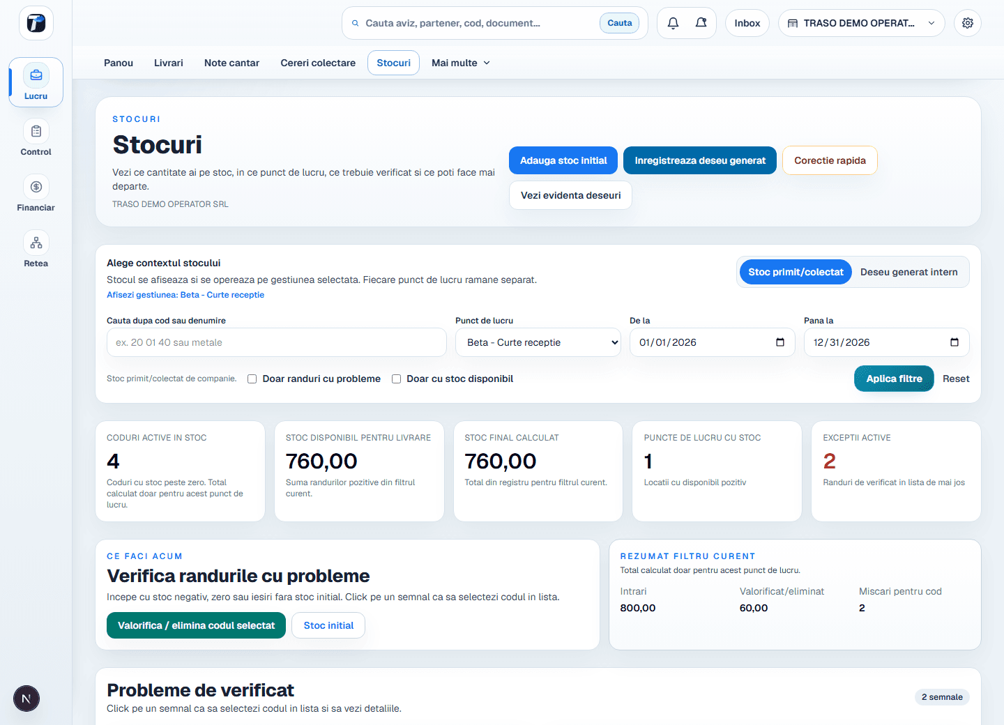 Stocuri operationale pentru deseuri in TRASO
