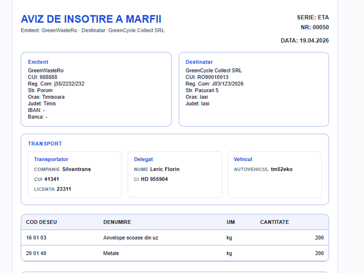 Aviz pentru deseuri generat si legat de documentele fluxului in TRASO